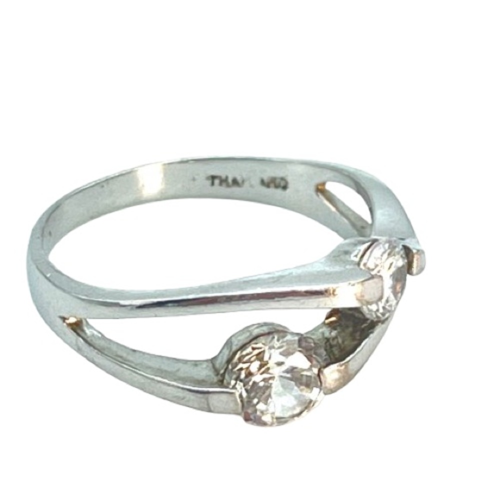 Sterling Silver Wave Ring | White Cubic Zirconia Two Stone 925